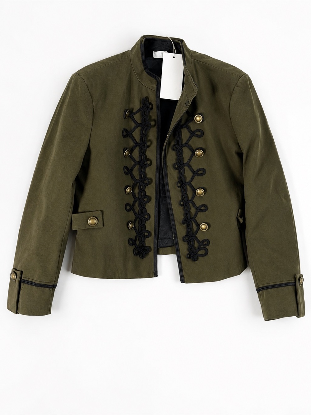 Zara Olive Green Military-Style Blazer with Black Braid Trim